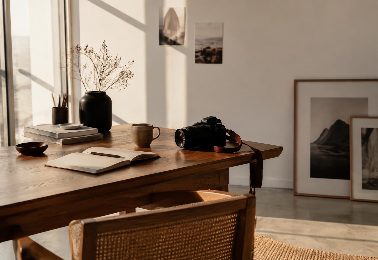 A creator's studio desk in warm natural light